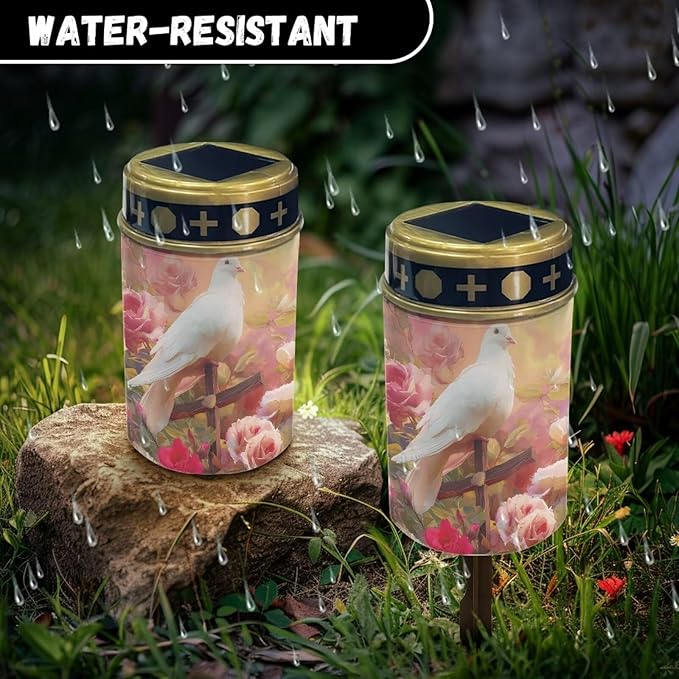 Grave Solar Lights for Cemetery, Waterproof, Solar Powered, Easy to Install, Decorate Lawn, Patio, Fence, Backyard Cross Flowers