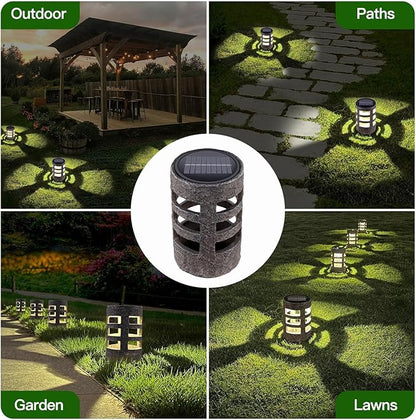 Solar Path Lights Outdoor 4 Pack, Decorative Pattern Lighting, Auto On/Off Dusk to Dawn, Waterproof Solar Powered Landscape Lights, Modern Resin Garden Lights for Yard Patio Walkway (Gray)
