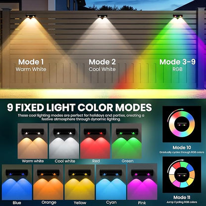 Solar Fence Lights Outdoor, Solar Wall Lights 9 Fixed Colors ＆ Color Changing Modern Solar Powered Deck Lights for Halloween Step Stair Patio Backyard Porch Railing decor, IP65 Waterproof (12 Pack)