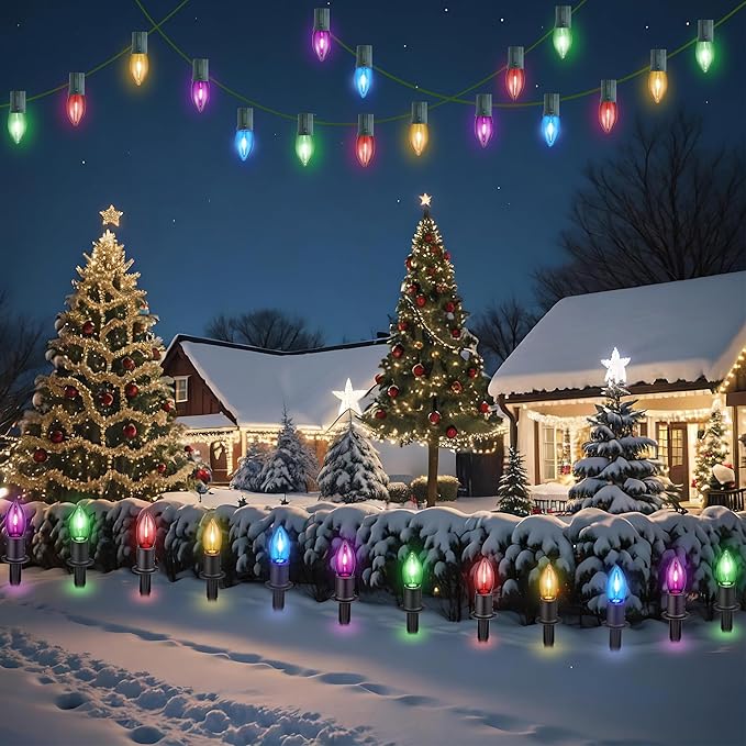 C9 Christmas Pathway Lights Outdoor, 24.2 Feet 20 LED String Lights With Stakes, Waterproof Connectable Decorations for Yard, Garden, Walkway, Driveway, Sidewalk, Multicolored, 2 Pack