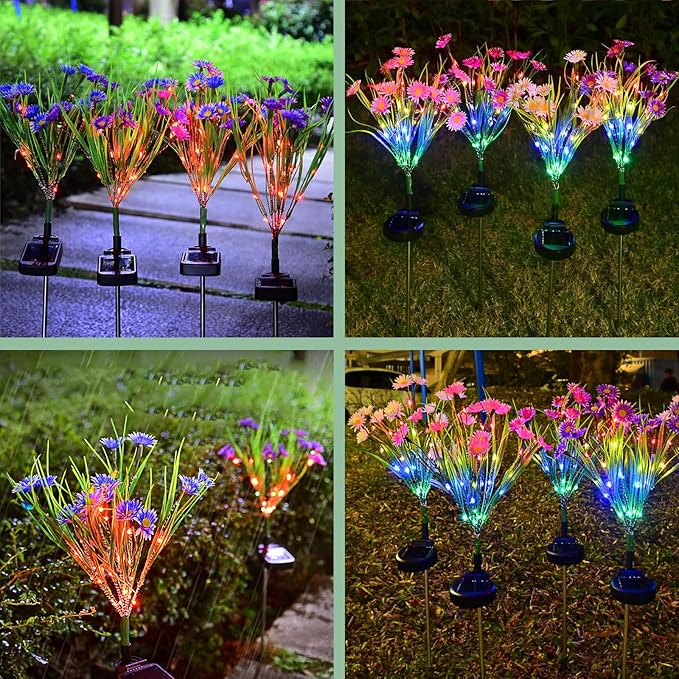 Decorative Solar Garden Lights, 4 Pack LED Lily and Butterfly Flower Outdoor Waterproof Lights for Yard, Patio, Lawn (Daisy)