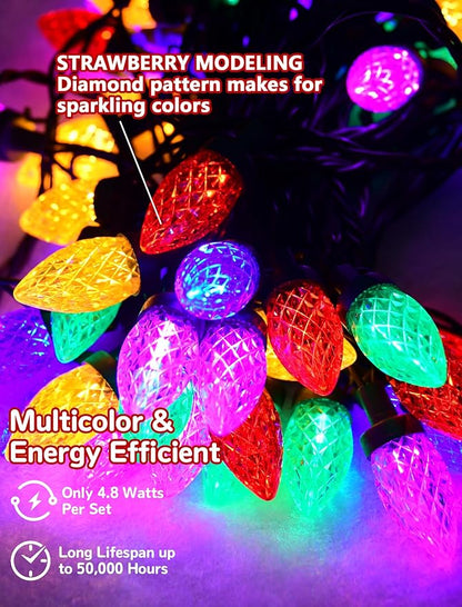 C7 LED Christmas Lights Outdoor, 26FT C7 Vintage Christmas Lights with 52 Multicolor Strawberry LED Bulbs, Plug in Outdoor String Lights for Party Garden Xmas Tree Patio Decorations