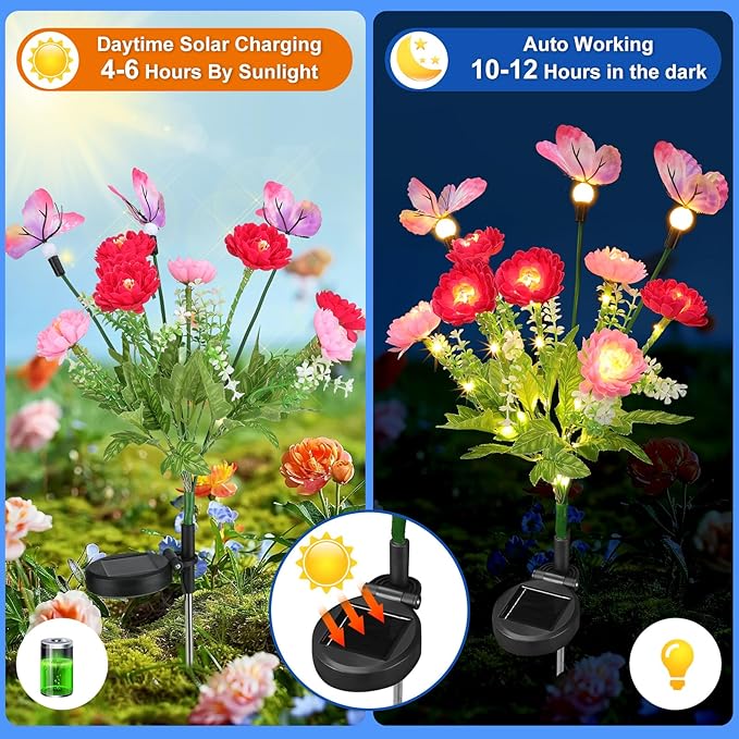 Solar Garden Lights,Solar Lights Outdoor Waterproof with Butterfly Flower,2 Pack Solar Powered Outdoor Lights,Solar | Lumora