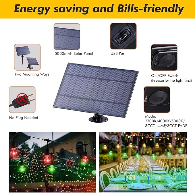 144FT Solar Outdoor String Lights, 45 Shatterproof E26 Edison LED Bulbs, IP65 Waterproof Dimmable RGB Color | Lumora