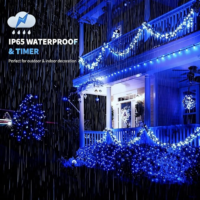 105FT 300 LEDs Blue White Christmas Lights Outdoor Indoor, Waterproof Christmas Tree Lights, 8 Lighting Modes with | Lumora
