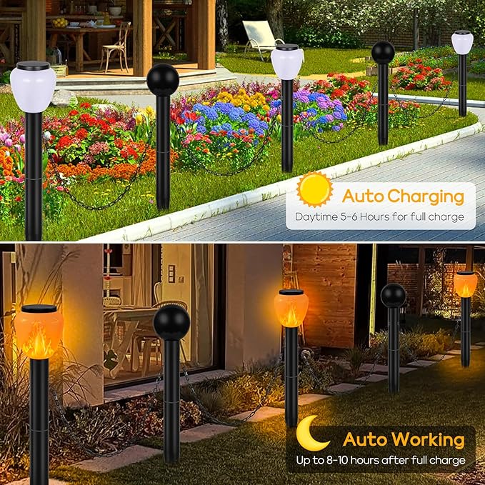 GOESWELL Solar Post Lights Decorative Fence: 27 inch Tall Large Landscape Path Lights with Chains for Pool Driveway Patio Garden - Set of 3 Flickering Flame Lights and 2 Post