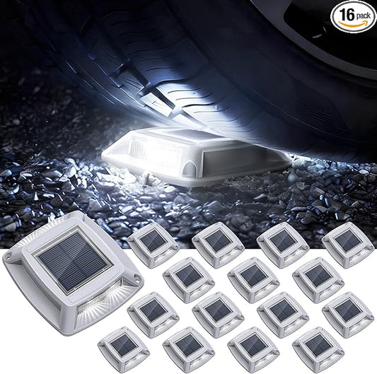 Solar Driveway Lights Outdoor 16 Pack, IP68 LED Solar Powered Waterproof Driveway Marker Deck Dock Lights for Dock Step Pathway Walkway Sidewalk Garden Yard Stair Marine (White)