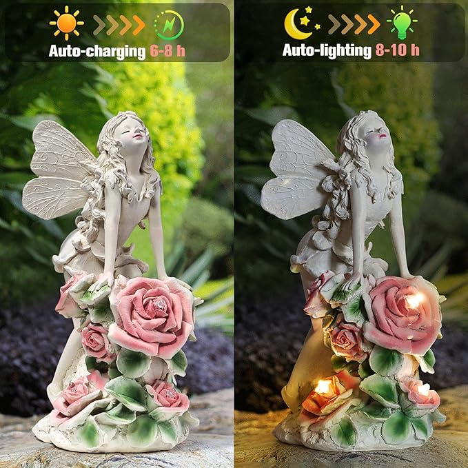 Solar Garden Statues Lights, Flower Fairy Figurine Lights Landscape Light, Resin Angel Figurines for Art Decor, Outdoor Lawn Decor Gifts Garden Figurine for Yard Lawn Patio Balcony (Flower Fairy)
