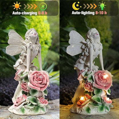 Solar Garden Statues Lights, Flower Fairy Figurine Lights Landscape Light, Resin Angel Figurines for Art Decor, Outdoor Lawn Decor Gifts Garden Figurine for Yard Lawn Patio Balcony (Flower Fairy)