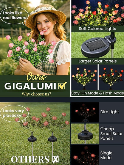 GIGALUMI Solar Garden Lights with Gardenias, LED Garden Decor Carefree Solar Flowers Outdoor Waterproof, Yard Decorations Outdoor, Allergy-Free, Everlasting Light up Flowers for Yard Patio (Set of 2)