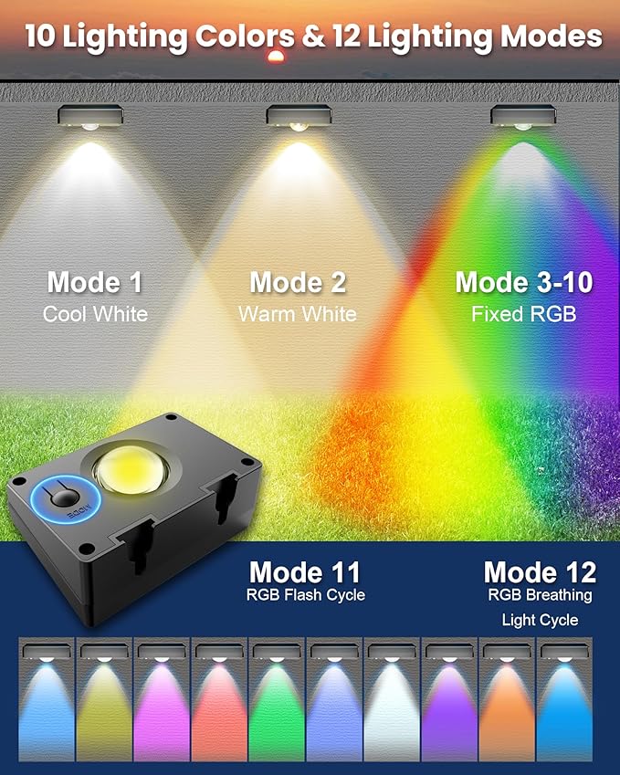 Solar Fence Lights Outdoor Waterproof 8 Pack,Solar Deck Lights with Warm & Cool White + RGB Modes | Lumora
