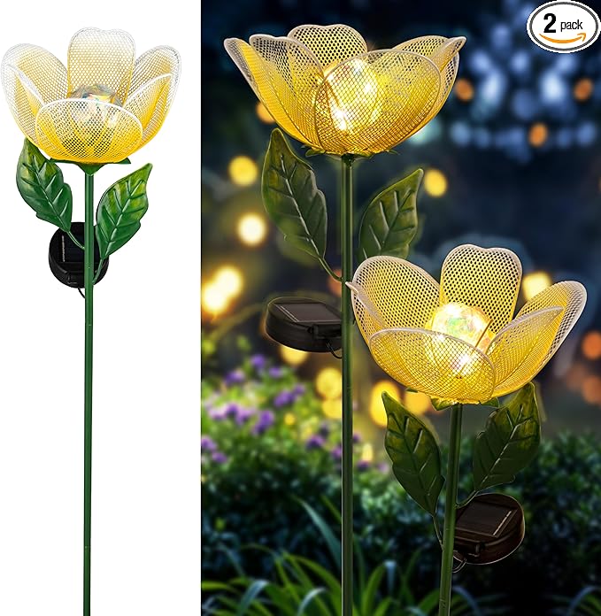 Solar Garden Lights,2 Pack Solar Metal Flowers with Breathing Light,Yard Pathway Lights Outdoor Solar Powered,Outside Lights for Yard Garden Outdoor Pathway Decor