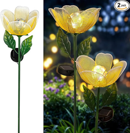 Solar Garden Lights,2 Pack Solar Metal Flowers with Breathing Light,Yard Pathway Lights Outdoor Solar Powered,Outside Lights for Yard Garden Outdoor Pathway Decor