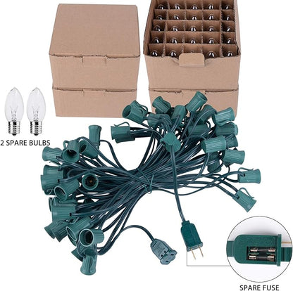 Brightown 100 Feet C9 Bulb String Lights Outdoor Clear Christmas Lights Green Wire for Outdoor Patio Room Party Backyard Decoration, E17 Base, 100 Bulbs