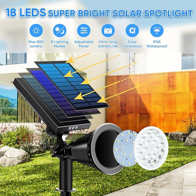 KEV Solar Spot Lights Outdoor,18 LEDs Solar Flood Lights with 2 Modes &Adjustable &IPX65 Waterproof,Solar Spotlight | Lumora