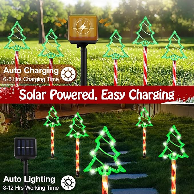 Lewondr Solar Christmas Pathway Lights, 5 PCS Solar Christmas Decorations Outdoor with 2 Lighting Modes, Green Xmas Tree Lights with Red Pole and Garden Stake, Waterproof Yard Lawn Patio Holiday Decor