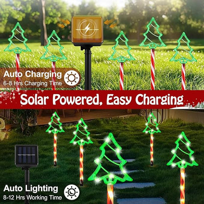 Lewondr Solar Christmas Pathway Lights, 5 PCS Solar Christmas Decorations Outdoor with 2 Lighting Modes, Green Xmas Tree Lights with Red Pole and Garden Stake, Waterproof Yard Lawn Patio Holiday Decor
