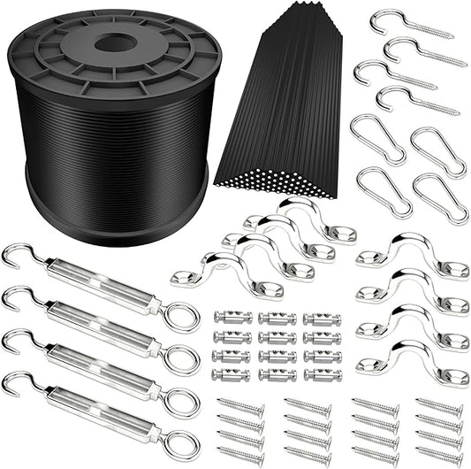 YQL Outdoor String Lights Hanging Kit,Globe String Lights Suspension Kit,164ft Black Vinyl-Coated 304 Stainless Steel Cable,String Light Guide Wire,Hook & Eye Turnbuckle Wire Rope Tension