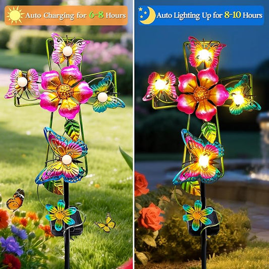 Solar Butterfly Cross Garden Stake Light, Metal Cross Cemetery Decorations for Grave Outdoor Lights, Sympathy Memorial Gifts, for Garden Lawn Yard Patio Decor