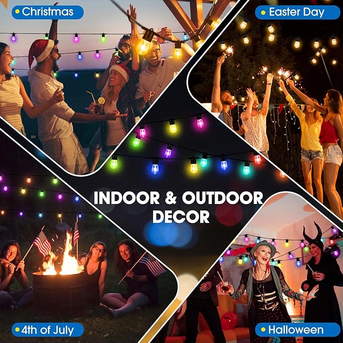 2023 Upgraded Outdoor String Lights, DIY Color Changing RGB Bright Smart Light 50ft Work with Alexa & Remote for Party, IP65 Waterproof Outside Patio String Light with 15 Dimmer LED Bulbs