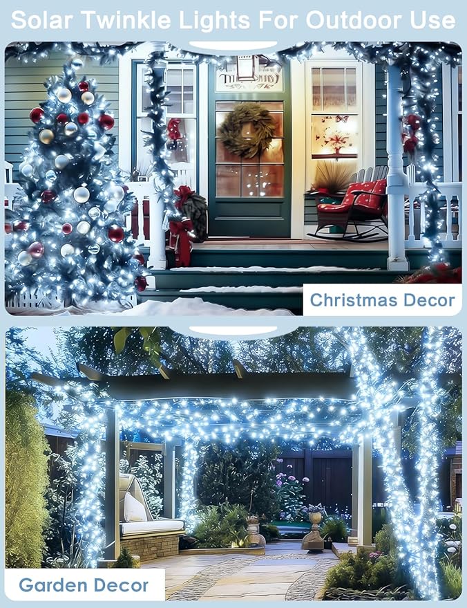 Solar String Lights Outdoor, 2-Pack Each 72FT 200 LED Solar Christmas Twinkle Lights Outside Waterproof Copper Wire with 8 Modes Solar Fairy Lights for Garden Tree Birthday Christmas Decor(Cool White)