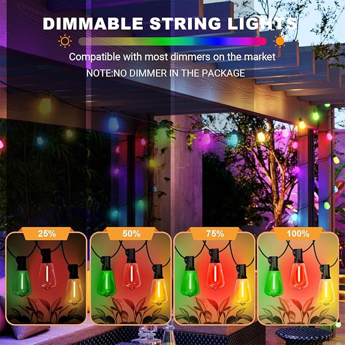 LAMPHOME Outdoor String Lights, 26FT Patio Lights with 12+1 ST38 LED Edison Bulbs (1 Spare), Connectable String | Lumora