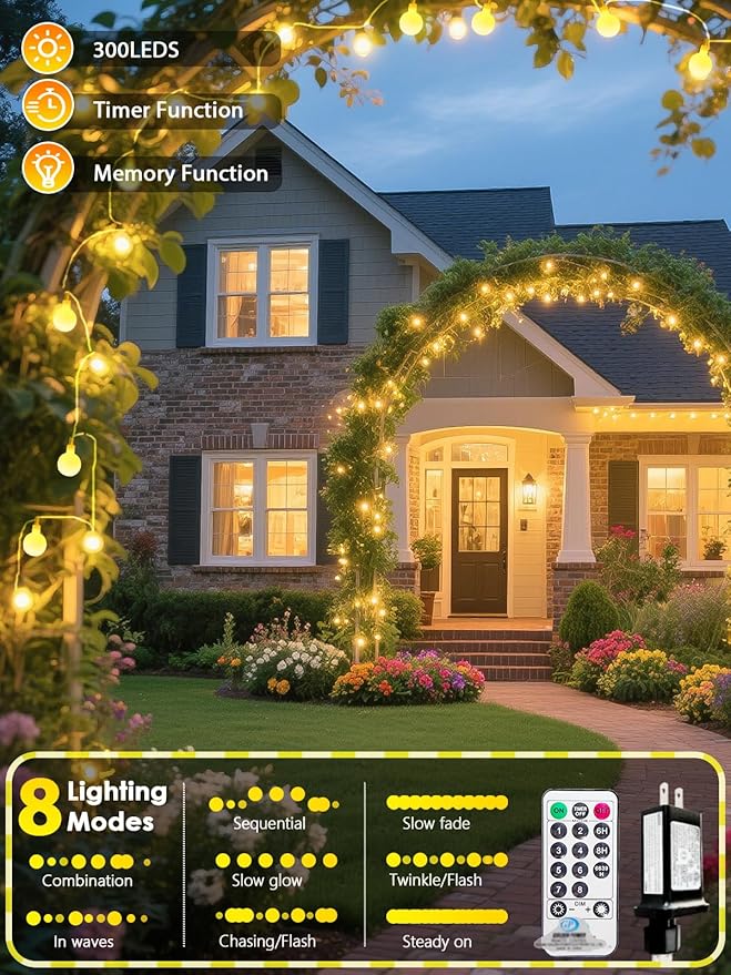 300LED Connectable Globe String Lights Indoor Outdoor for Bedroom, 108ft Warm White Christmas Lights with Remote, Waterproof Fairy Light Plug in 8 Modes for Room Classroom Wedding Christmas Decor