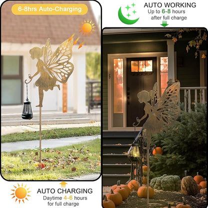 Solar Fairy Garden Decor, Metal Running Fairy Statues Stakes, Outdoor Waterproof Garden Ornament for Patio, Lawn, Yard, Housewarming Gift for Gardening Mom Grandma