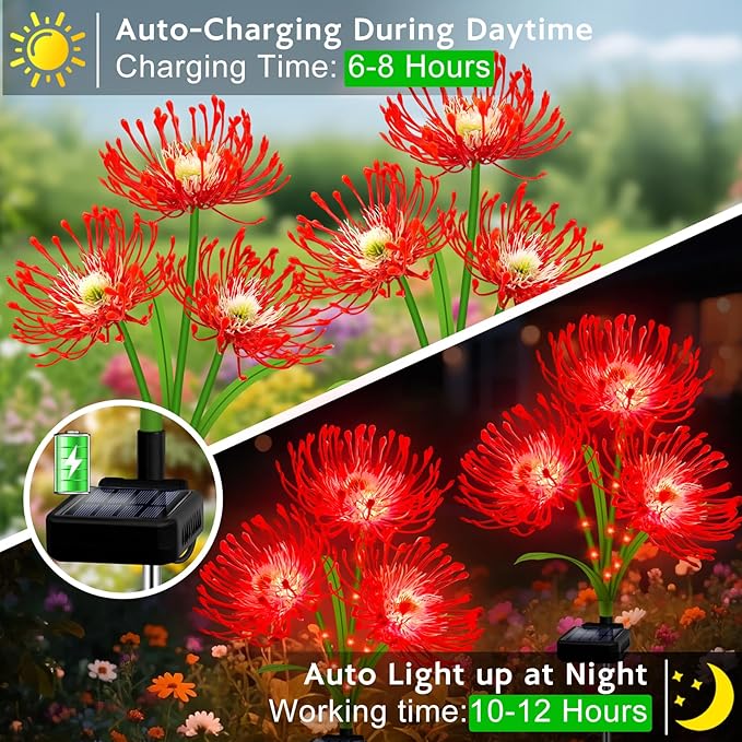 Solar Garden Flower Lights Outdoor, 8 Pack Red Spider Lily with Glowing Stems, Waterproof LED Yard Lawn Pathway Decor, Elegant Patio Garden Decoration, Mother’s Day Gifts for Mom, Grandma, Women