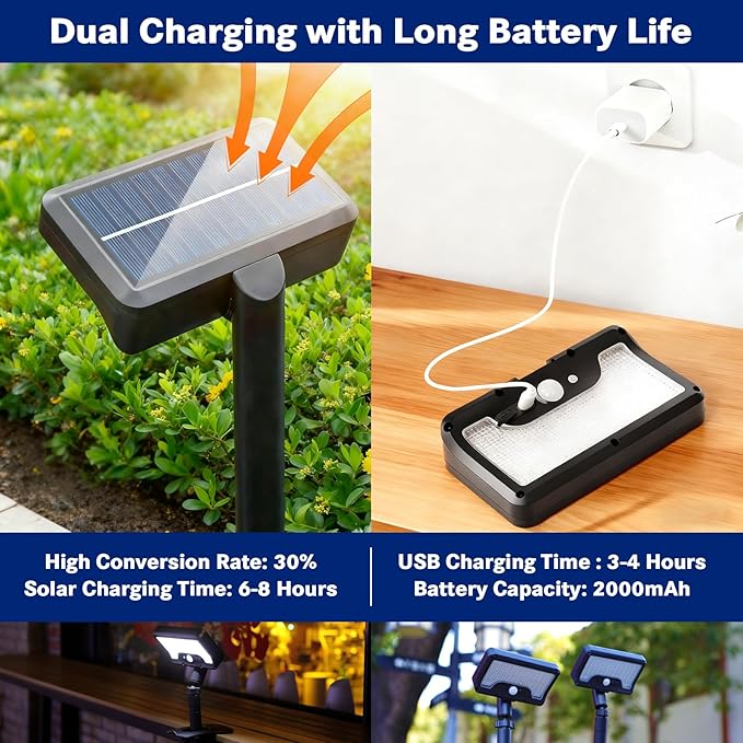 Pacify Clip On Solar Lights Outdoor, 92 LEDs 600LM 3000K Bright Solar Fence Lights with Motion Sensor, 360° Rotatable IP65 Waterproof 3 Modes Clamp Light for Deck Gutter Patio (2 Pack Warm Light)