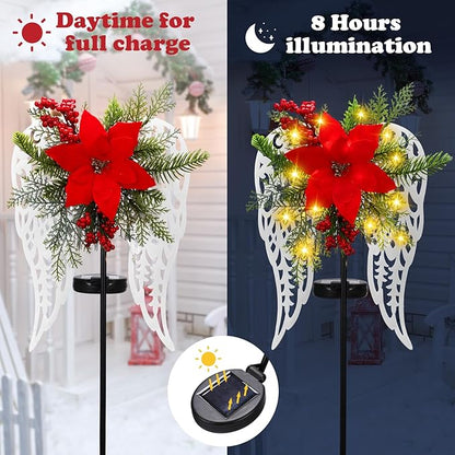 Baquler 2 Pack Christmas Outdoor Decorations Solar Stake Lights, Led Angel Wings Metal Stakes with Big Poinsettia Flower, Grave Pathway Lights for Lawn Garden Cemetery Decor