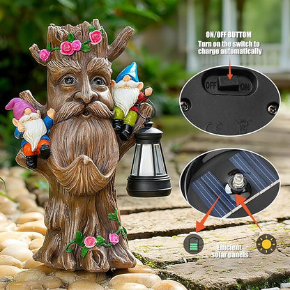 Whimsical Tree Ent Garden Statue with Gnomes – Solar Powered Outdoor Decor with LED Lantern, Funny Yard Ornament for Lawn, Patio, Porch, or Garden