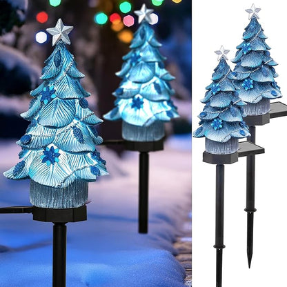 Dazzle Bright 2 Pack Solar Powered Fairy Garden Blue Christmas Tree Pathway Lights, Resin Walkway Lights Decorative Stakes Christmas Tree Figure Statue Decorations for Lawn Pathway Xmas Yard Gifts