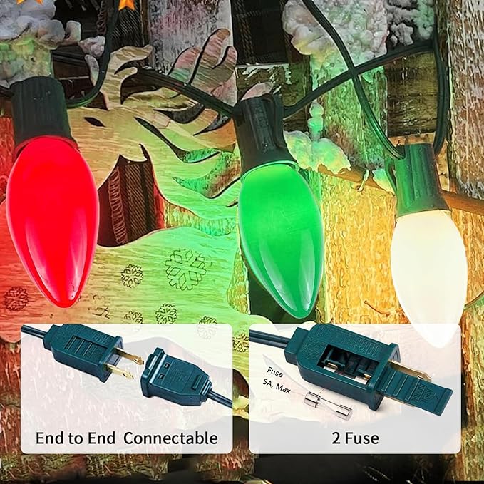 25Ft C9 LED Christmas Lights Outdoor Indoor, Multicolor Red Green White Vintage String Lights, Connectable Holiday | Lumora