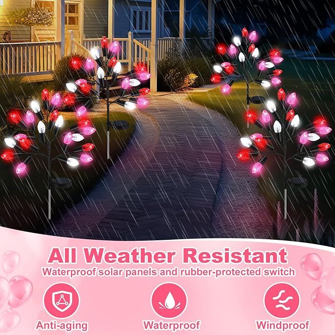 4 Pcs Valentine's Day Outdoor Decoration Solar Pathway Lights 28" Pink Stake Light Waterproof 8 Modes 80 Heart Shape LEDs for Yard Walkway Path Garden Patio Valentine Decor