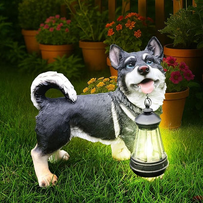 Outdoor Husky Dog Statue with Interchangeable Welcome Sign and Detachable Solar Lantern –LED Light Garden Dog Sculpture Décor, Cute Puppy Design for Yard, Porch, Gift