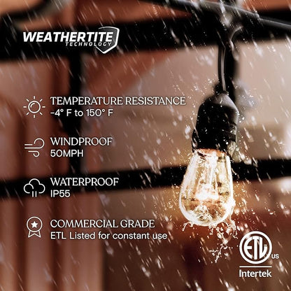 Brightech Bundle: Waterproof LED Outdoor String Lights Hanging, Dimmable 11W Bulbs - 24 Ft + String Light Screw Hooks - 15 Pack, Black