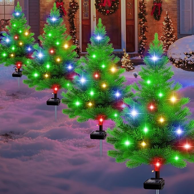 Solar Christmas Tree Lights,4 Pack Multiple Outdoor Christmas Decorations Waterproof Outdoor Xmas Decor, Tree Lights for Pathway, Patio, Yard, Garden