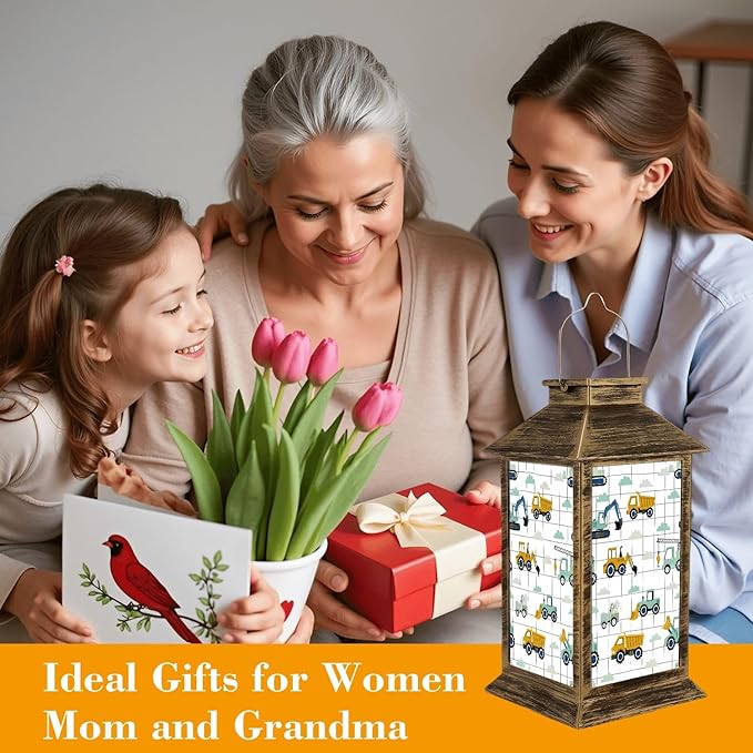 Solar Lantern Outdoor Waterproof Hand Drawn Cute Cars Truck Tractor Cargo Crane Bulldozer Excavator Garden Decor LED Solar Lights Hanging/Tabletop Lamp Gifts for Women Mom for Outside Yard Patio