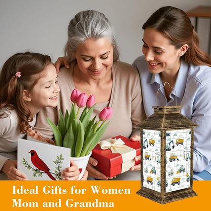 Solar Lantern Outdoor Waterproof Hand Drawn Cute Cars Truck Tractor Cargo Crane Bulldozer Excavator Garden Decor LED Solar Lights Hanging/Tabletop Lamp Gifts for Women Mom for Outside Yard Patio