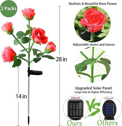 10 LED 7-Color Changing Solar Rose Flower Lights Garden Decorations Outdoor Waterproof Decorative Stake Lights for Patio Pathway Yard Lawn Decor(2 PCS Red)