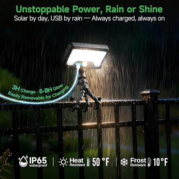 Solar Motion Lights Outdoor with Flexible Octopus Tripod, 12V Low Voltage Lights with Type-C USB, IP65 Waterproof Directional Fixture Black for Fence Travel [2-Pack]