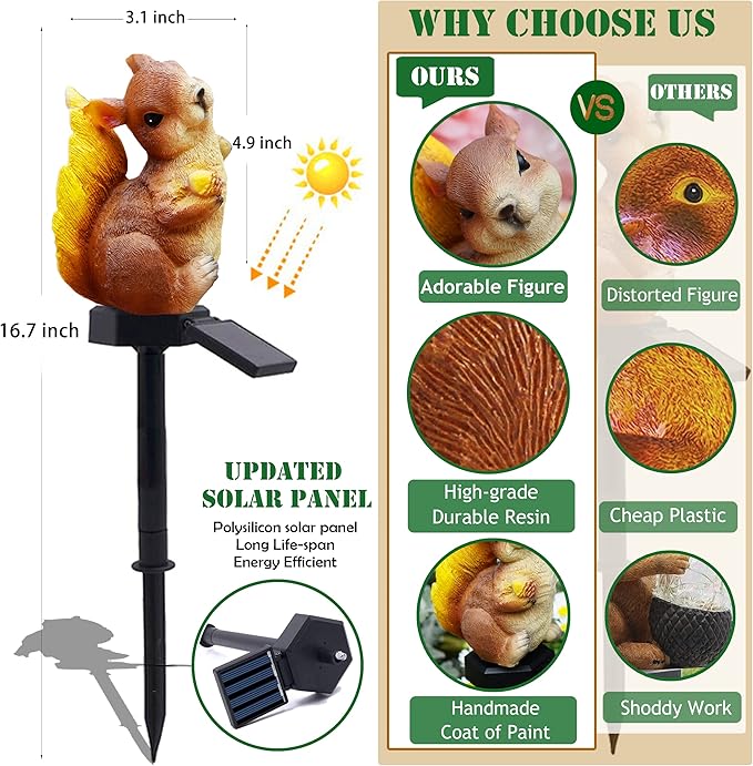 SmilingTown Solar Squirrel Garden Lights - Outdoor Decorative Stake Light Waterproof for Yard Patio Pathway Lawn Ornaments Garden Decorations Gifts (2 Packs)