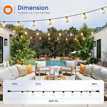 addlon 150FT(50FT*3) LED Outdoor String Lights Waterproof Patio Lights with 48 Shatterproof ST38 Replaceable Bulbs(3 Spare), Dimmable Outside Hanging Light Connectable for Porch, Backyard, 2200K