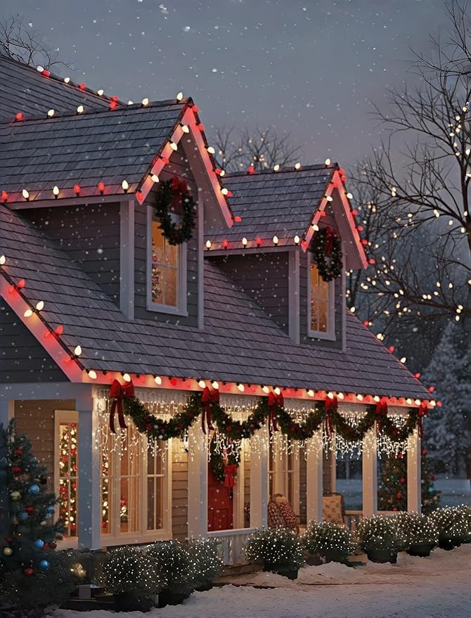 25Ft Red and White Christmas Lights,C7 Christmas String Lights with 27 Red White Ceramic Bulbs(2 Spare), Vintage Incandescent Xmas Lights for Outdoor Holiday Xmas Roofline Wedding Party