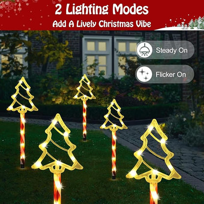 Lewondr Solar Christmas Pathway Lights, 5 PCS Solar Christmas Decorations Outdoor with 2 Lighting Modes, Clear Xmas Tree Lights with Red Pole and Garden Stake, Waterproof Garden Yard Holiday Decor