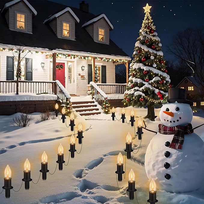 C9 Christmas Pathway Lights Outdoor LED - 24.2 Feet String Lights with 20 Bulbs, Waterproof Christmas Path Lights with Stake for Yard, Garden, Lawn, Walkway, Driveway, Sidewalk, Warm White