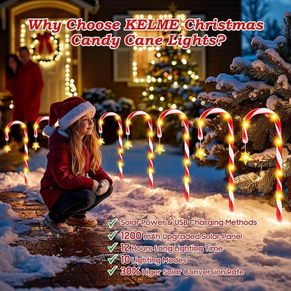 24 Pack Upgraded Solar Candy Cane Lights Outdoor, Christmas Decorations Outdoor Solar Christmas Pathway Lights Waterproof with USB Charging 10 Modes for Yard Garden Lawn Path Walkway Party Xmas Decor