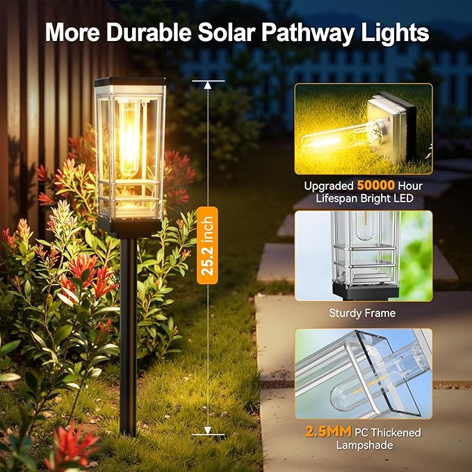 4 Pack Solar Lights Outdoor, Up to 15 Hrs Brighter Solar Pathway Lights, Luxury Taller Solar Outdoor Light Waterproof for Path Garden Yard Landscape Walkway Driveway, Warm White