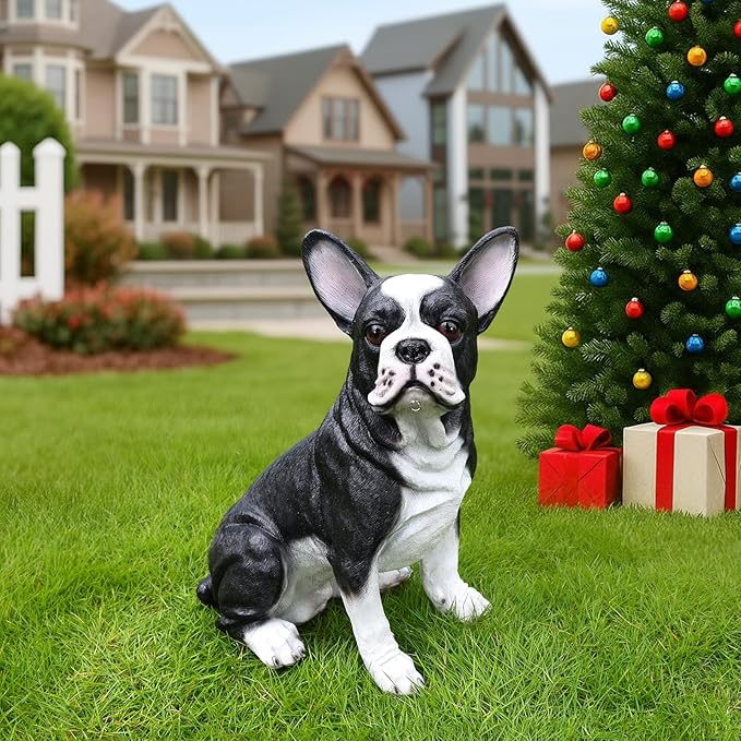 Outdoor Boston Terrier Dog Statue with Interchangeable Welcome Sign and Detachable Solar Lantern –LED Light Garden Dog Sculpture Décor, Cute Puppy Design for Yard, Porch, Gift